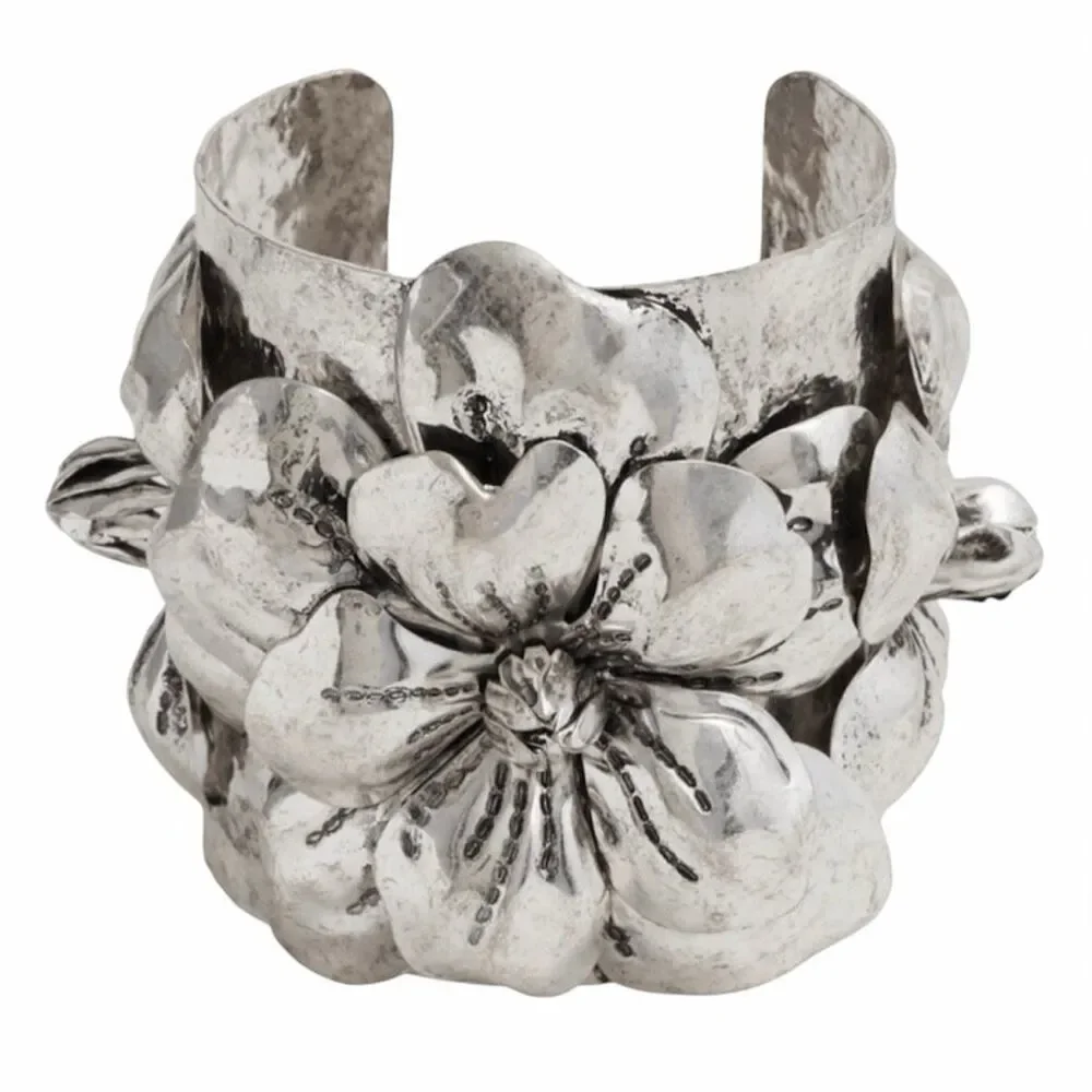 New Gorgeous Piper K Silver Bold Floral Big Flower Wide Cuff Statement Bracelet